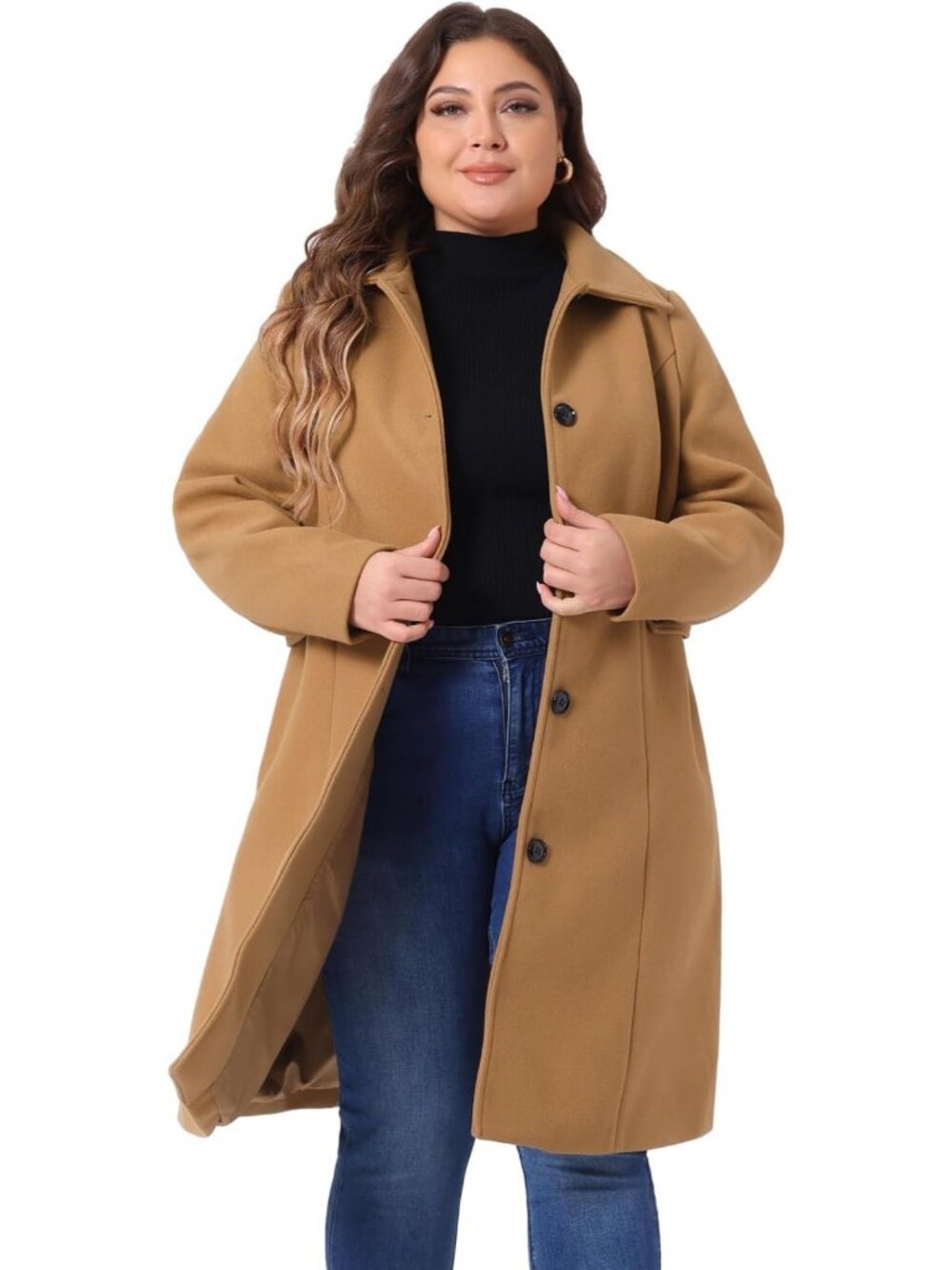 Plus Size Women's Long Belted Winter Coat - Single Breasted, Warm & Stylish